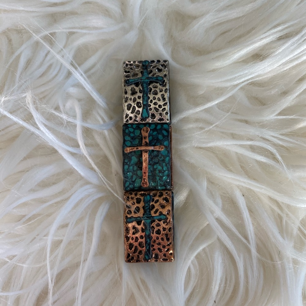 Cross Bracelet - teal, bronze, silver